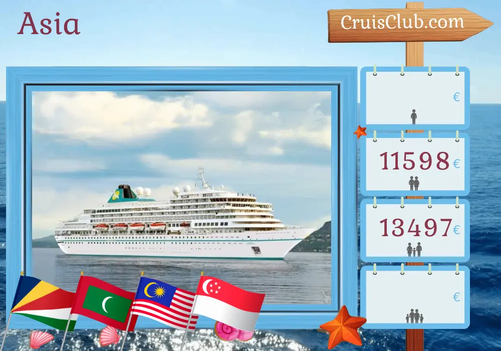 Cruise in the Asia from Victoria to Benoa aboard Amera ship with visits to Seychelles, Maldives, Sri Lanka, Indonesia, Malaysia, and Singapore for 24 days