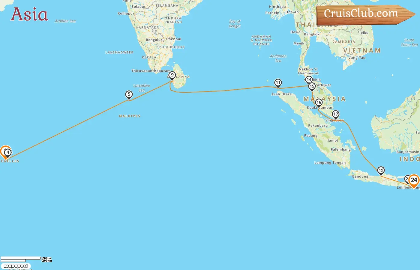Cruise in the Asia from Victoria to Benoa aboard Amera ship with visits to Seychelles, Maldives, Sri Lanka, Indonesia, Malaysia, and Singapore for 24 days
