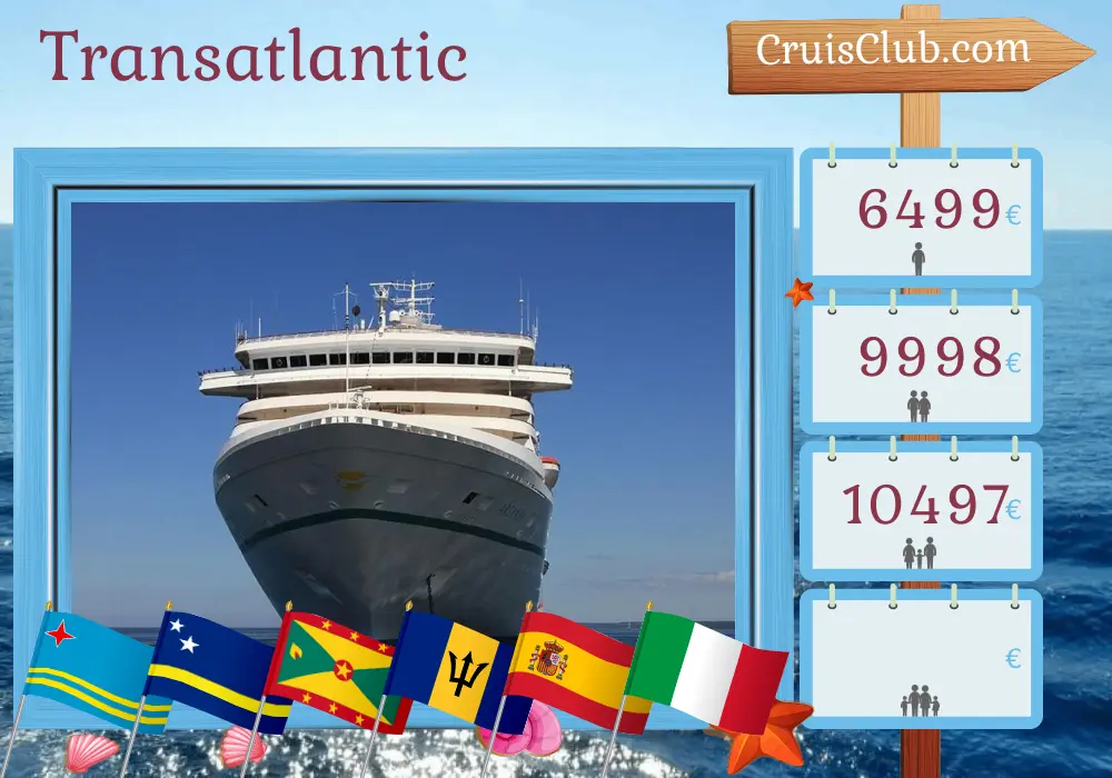 Cruise in the Transatlantic from Christopher to Savona aboard Artania ship with visits to Panama, Colombia, Aruba, Curaçao, Grenada, Saint Vincent and the Grenadines, Barbados, Spain, Morocco, and Italy for 26 days