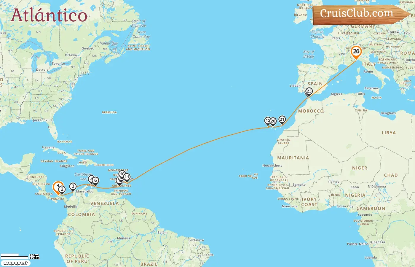 Crucero Transatlántico de Cristóbal a Savona a bordo del barco Artania con visitas a Panamá, Colombia, Aruba, Curazao, Granada, San Vicente y las Granadinas, Barbados, España, Marruecos e Italia durante 26 días