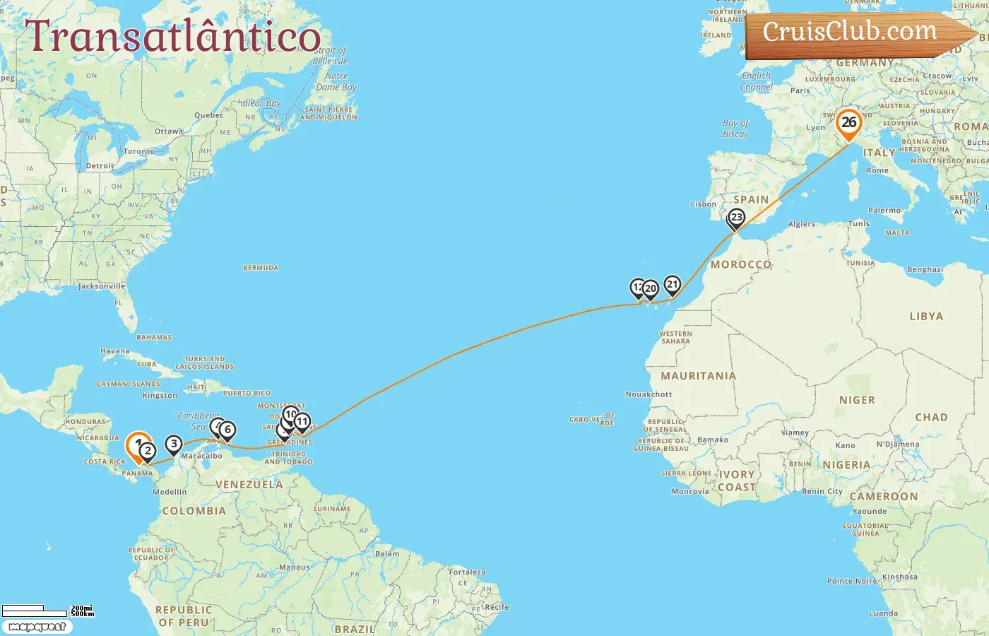 Cruzeiro Transatlântico de Cristóvão para Savona a bordo do navio Artania com visitas ao Panamá, Colômbia, Aruba, Curaçao, Granada, São Vicente e Granadinas, Barbados, Espanha, Marrocos e Itália por 26 dias