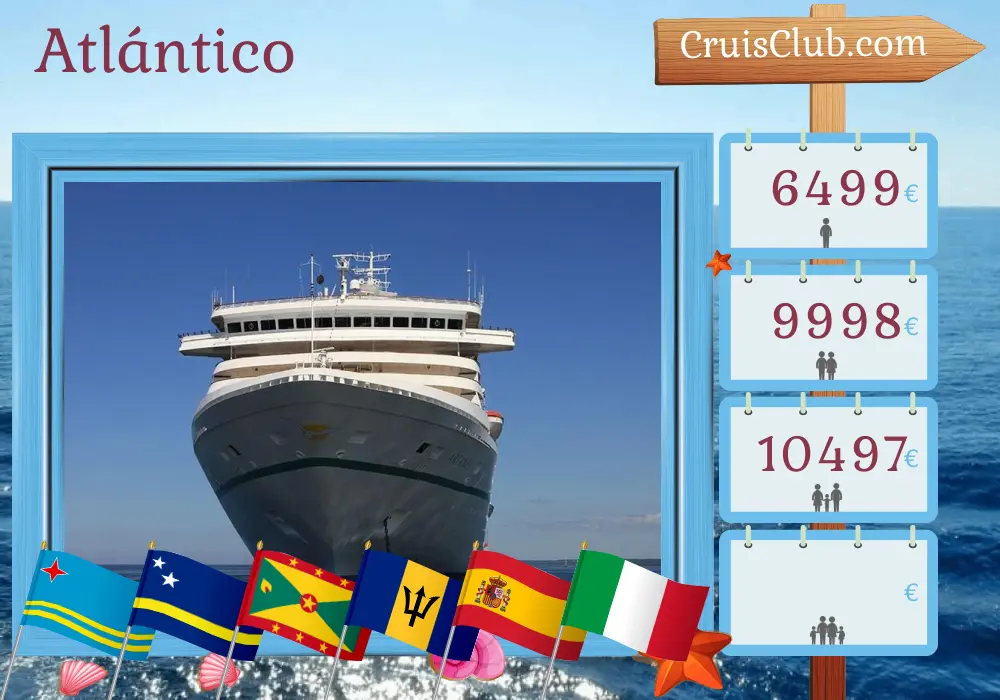 Crucero Transatlántico de Cristóbal a Savona a bordo del barco Artania con visitas a Panamá, Colombia, Aruba, Curazao, Granada, San Vicente y las Granadinas, Barbados, España, Marruecos e Italia durante 26 días