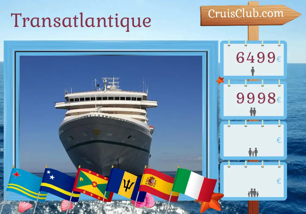 Croisière transatlantique de Christopher à Savone à bord du navire Artania avec des escales au Panama, en Colombie, à Aruba, à Curaçao, à Grenade, à Saint-Vincent-et-les-Grenadines, à la Barbade, en Espagne, au Maroc et en Italie pendant 26 jours