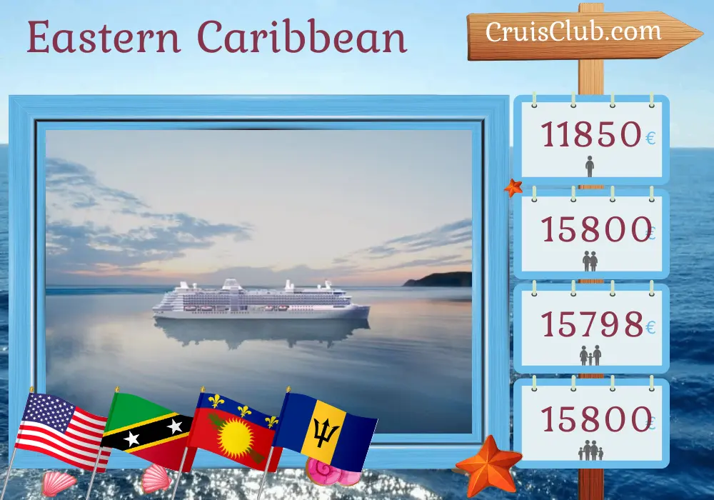 Cruise in the Eastern Caribbean from Miami to Bridgetown aboard Silver Ray ship with visits to USA, Puerto Rico, Saint Kitts and Nevis, Saint Barthélemy, Guadeloupe, Saint Vincent and the Grenadines, and Barbados for 13 days