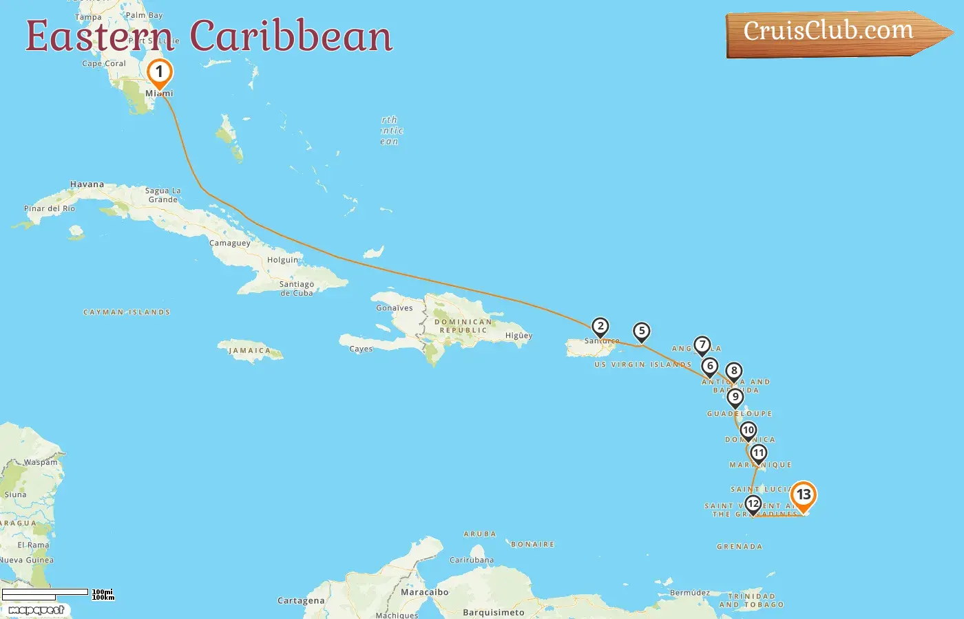Cruise in the Eastern Caribbean from Miami to Bridgetown aboard Silver Ray ship with visits to USA, Puerto Rico, Saint Kitts and Nevis, Saint Barthélemy, Guadeloupe, Saint Vincent and the Grenadines, and Barbados for 13 days