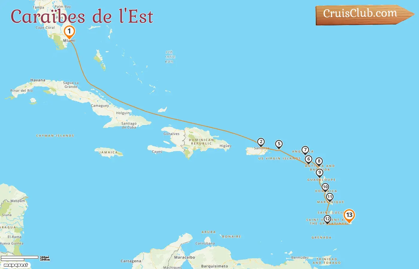Croisière dans les Caraïbes de l`Est de Miami à Bridgetown à bord du navire Silver Ray avec des visites aux États-Unis, Porto Rico, Saint-Kitts et Nevis, Saint-Barthélemy, Guadeloupe, Saint-Vincent et les Grenadines, et la Barbade pendant 13 jours
