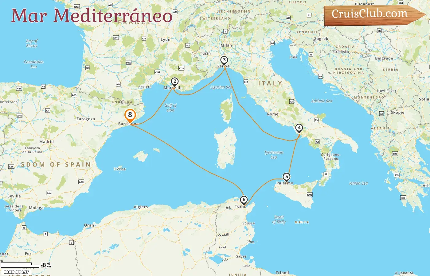 Crucero por el Mediterráneo desde Barcelona a bordo del barco MSC Splendida con visitas a España, Francia, Italia y Túnez por 8 días