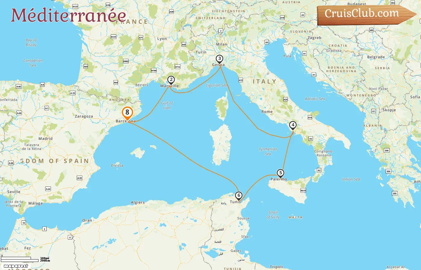 Croisière en Méditerranée au départ de Barcelone à bord du navire MSC Splendida avec des visites en Espagne, en France, en Italie et en Tunisie pendant 8 jours