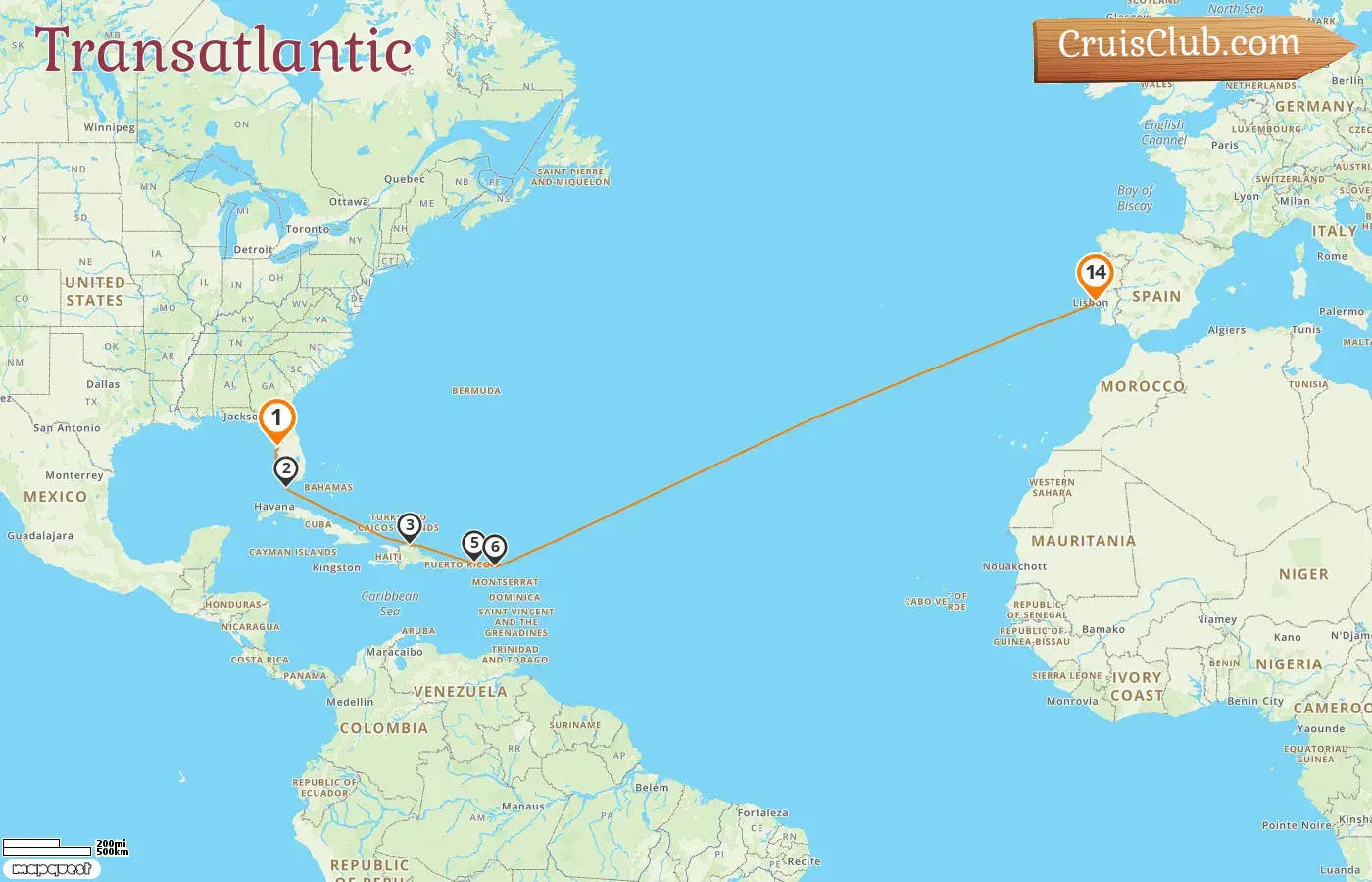 Cruise in the Transatlantic from Tampa to Lisbon aboard Norwegian Star ship with visits to USA and Dominican Republic for 14 days