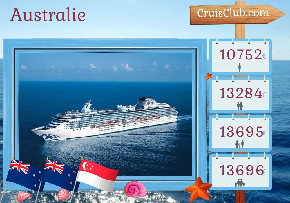 Croisière en Australie de Sydney à Singapour à bord du navire Coral Princess avec des escales en Australie, en Nouvelle-Zélande, en Indonésie et à Singapour pendant 33 jours