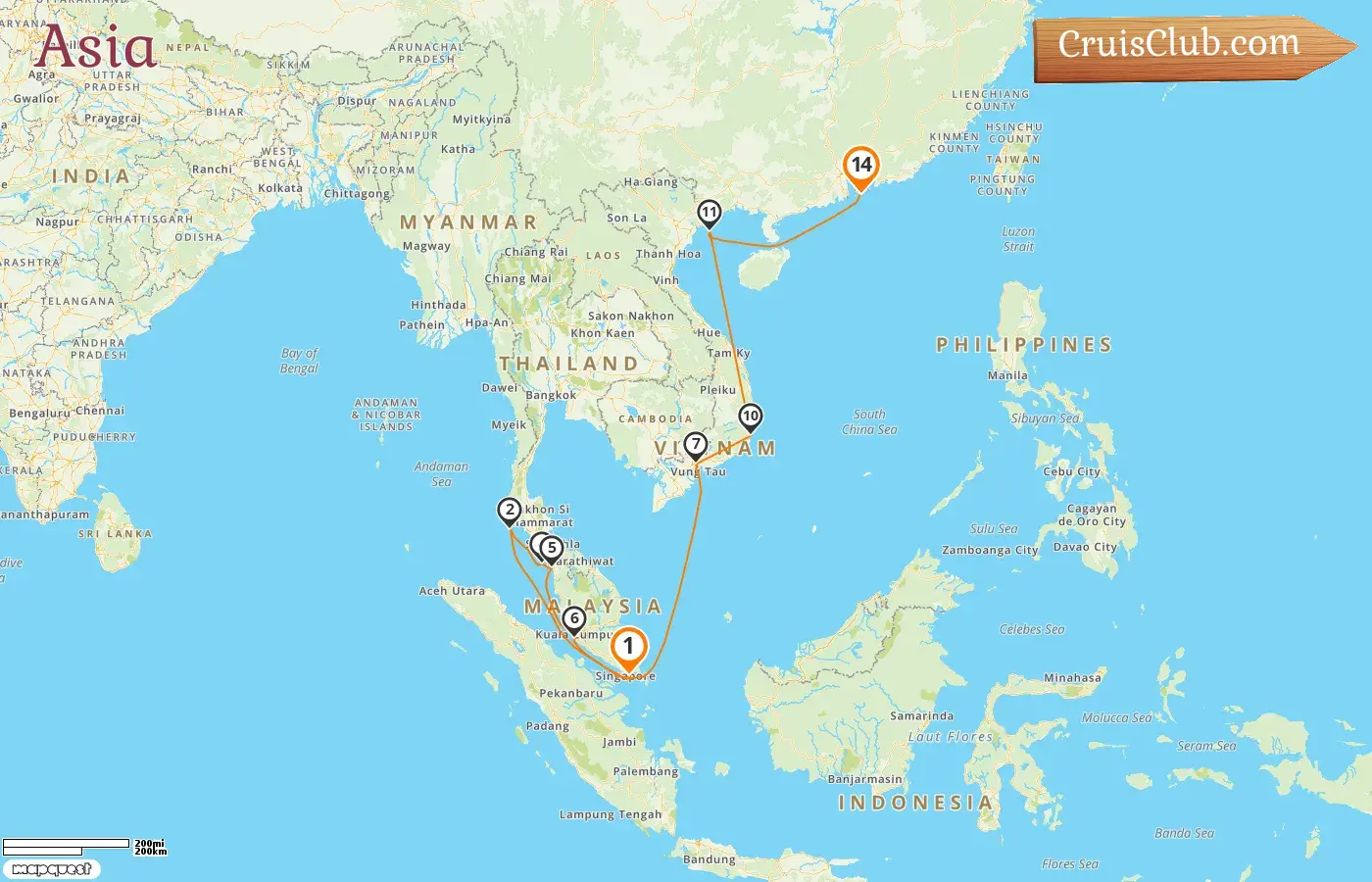 Cruise in the Asia from Singapore to Hong Kong aboard Coral Princess ship with visits to Singapore, Thailand, Malaysia, Viet Nam, and Hong Kong for 14 days