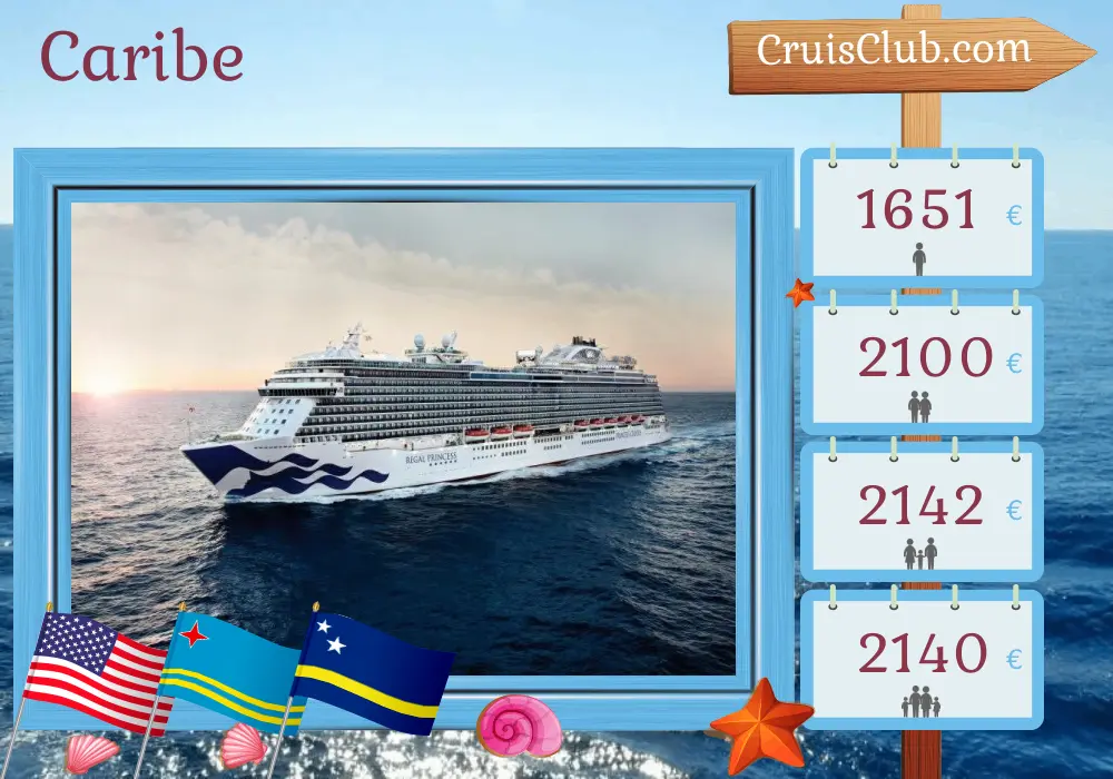 Cruzeiro no Caribe saindo de Fort Lauderdale a bordo do navio Regal Princess com visitas aos EUA, República Dominicana, Aruba e Curaçao por 9 dias