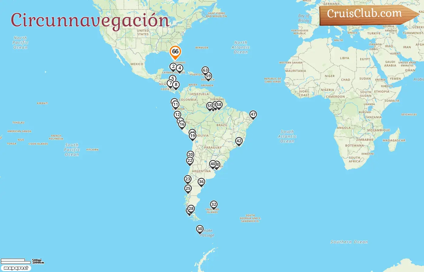 Crucero de la Vuelta al Mundo desde Miami a bordo del barco Seven Seas Voyager con visitas a EE. UU., Islas Caimán, Jamaica, Colombia, Costa Rica, Panamá, Ecuador, Perú, Chile, Islas Malvinas, Argentina, Uruguay y Brasil durante 66 días