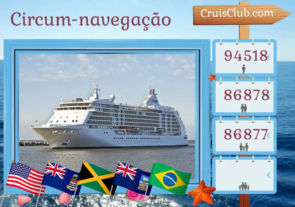 Cruzeiro na viagem pelo mundo de Miami a bordo do navio Seven Seas Voyager com visitas aos EUA, Ilhas Cayman, Jamaica, Colômbia, Costa Rica, Panamá, Equador, Peru, Chile, Ilhas Malvinas, Argentina, Uruguai e Brasil por 66 dias