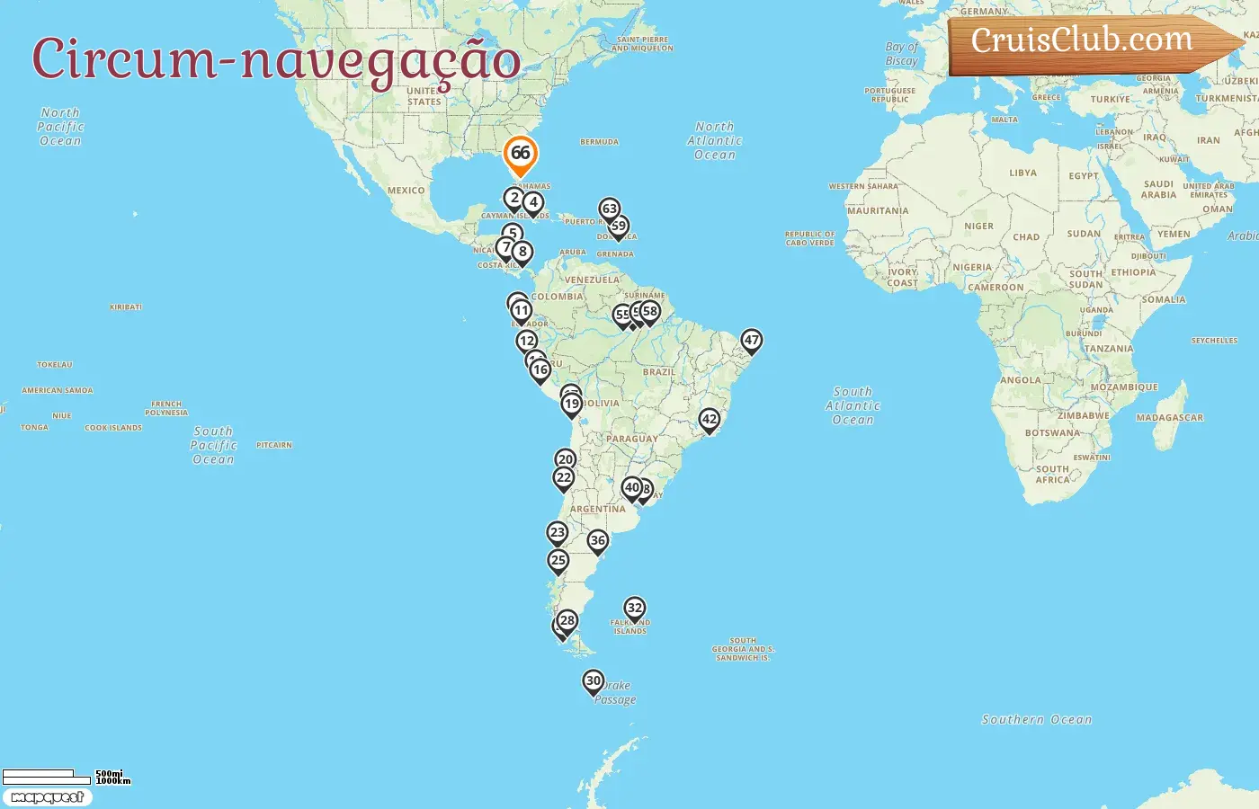Cruzeiro na viagem pelo mundo de Miami a bordo do navio Seven Seas Voyager com visitas aos EUA, Ilhas Cayman, Jamaica, Colômbia, Costa Rica, Panamá, Equador, Peru, Chile, Ilhas Malvinas, Argentina, Uruguai e Brasil por 66 dias