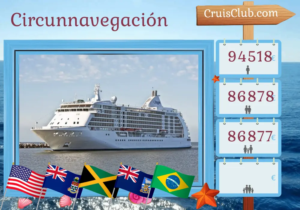 Crucero de la Vuelta al Mundo desde Miami a bordo del barco Seven Seas Voyager con visitas a EE. UU., Islas Caimán, Jamaica, Colombia, Costa Rica, Panamá, Ecuador, Perú, Chile, Islas Malvinas, Argentina, Uruguay y Brasil durante 66 días