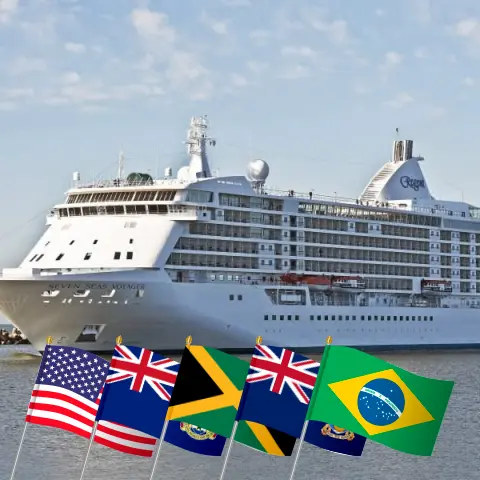 Cruise in the World trip from Miami aboard Seven Seas Voyager ship with visits to USA, Cayman Islands, Jamaica, Colombia, Costa Rica, Panama, Ecuador, Peru, Chile, Falkland Islands, Argentina, Uruguay, and Brazil for 66 days