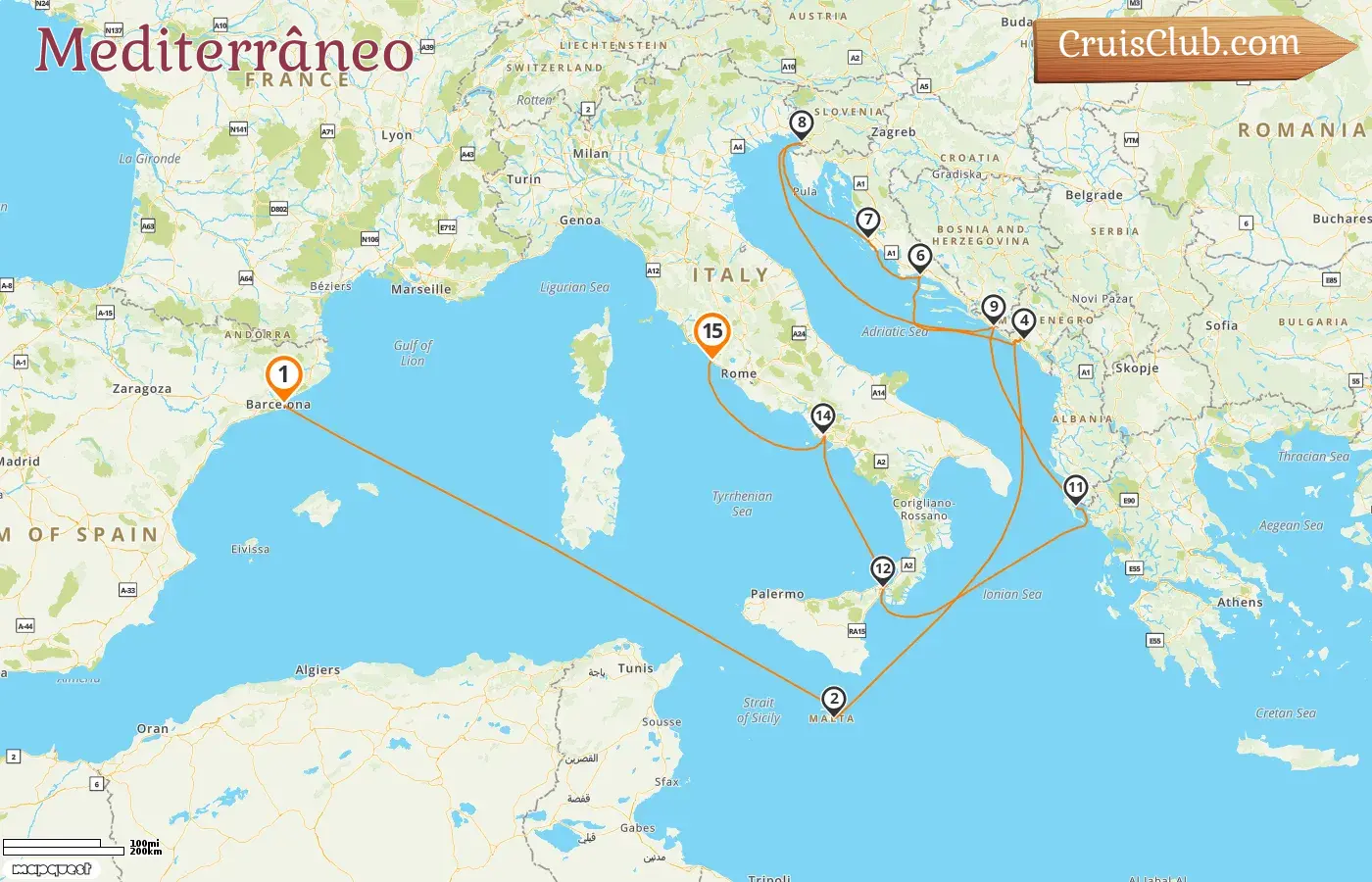 Cruzeiro no Mediterrâneo de Barcelona a Civitavecchia a bordo do navio Queen Elizabeth com visitas a Espanha, Malta, Montenegro, Croácia, Itália e Grécia por 15 dias