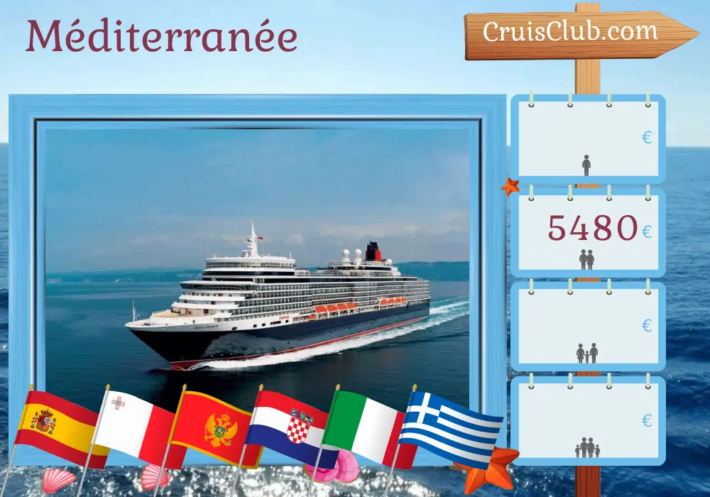 Croisière en Méditerranée de Barcelone à Civitavecchia à bord du navire Queen Elizabeth avec des visites en Espagne, Malte, au Monténégro, en Croatie, en Italie et en Grèce pendant 15 jours