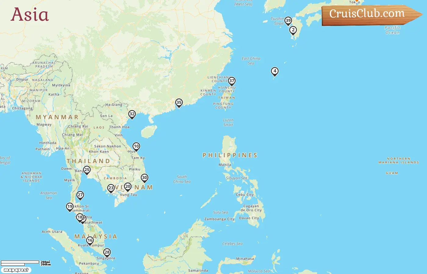 Crucero por Asia desde Tokio a bordo del barco Sapphire Princess con visitas a Japón, Hong Kong, Viet Nam, Singapur, Malasia, Tailandia, Camboya y Taiwán durante 43 días