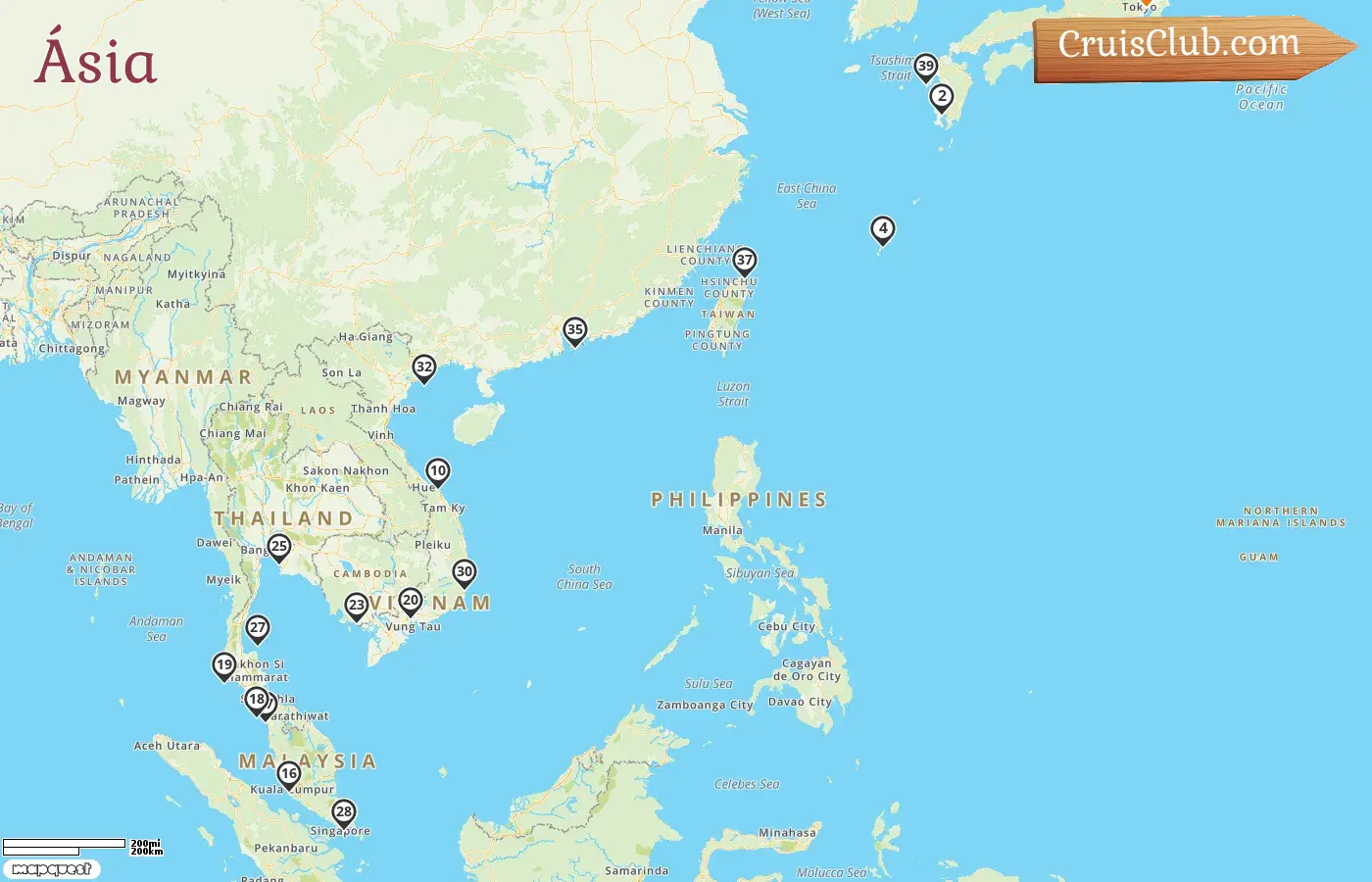 Cruzeiro na Ásia a partir de Tóquio a bordo do navio Sapphire Princess com visitas ao Japão, Hong Kong, Vietnã, Singapura, Malásia, Tailândia, Camboja e Taiwan por 43 dias