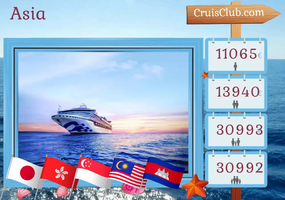 Crucero por Asia desde Tokio a bordo del barco Sapphire Princess con visitas a Japón, Hong Kong, Viet Nam, Singapur, Malasia, Tailandia, Camboya y Taiwán durante 43 días