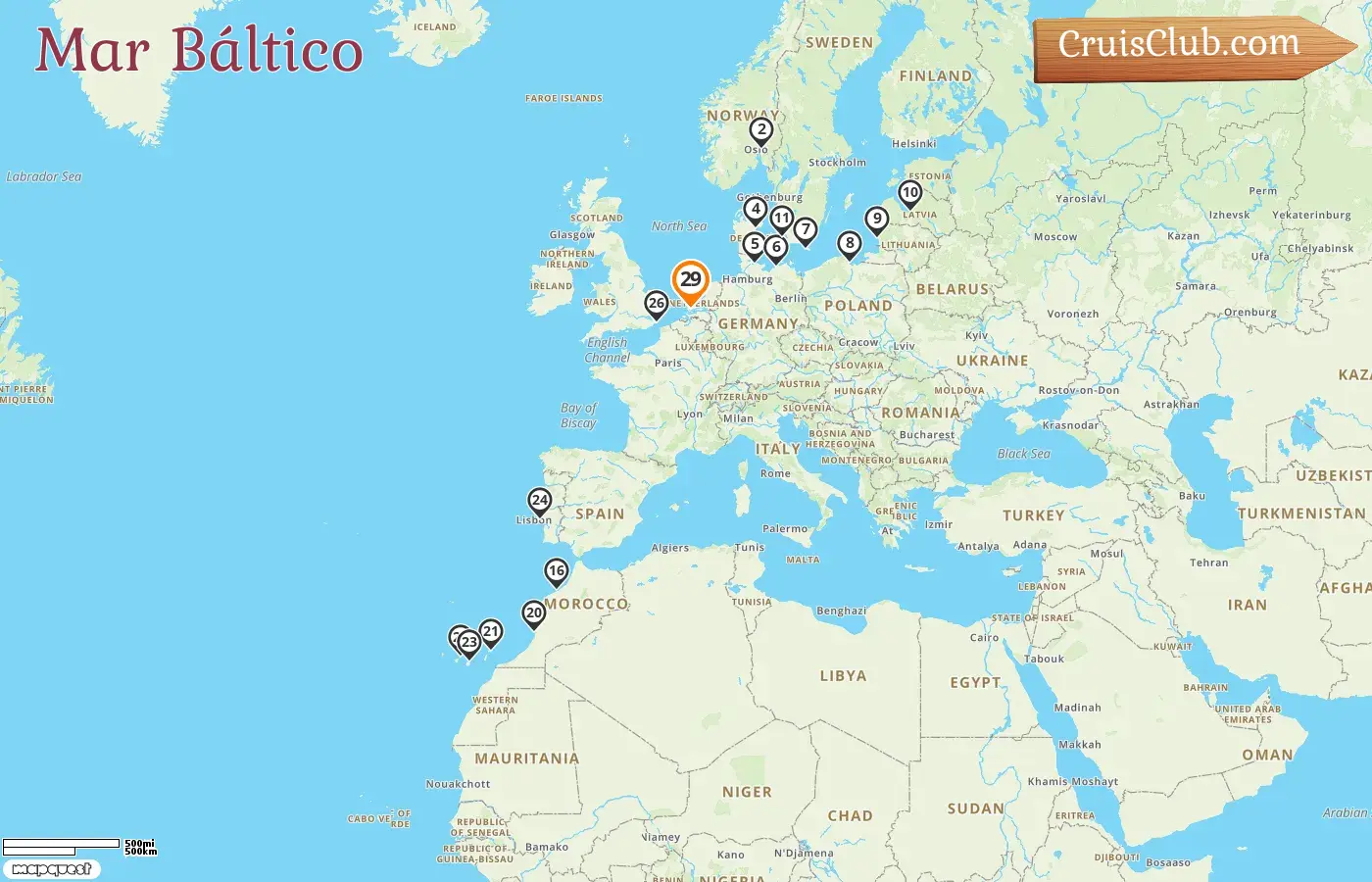 Crucero por el Mar Báltico desde Róterdam a bordo del barco Nieuw Statendam con visitas a Noruega, Dinamarca, Alemania, Polonia, Lituania, Letonia, Marruecos y España durante 29 días