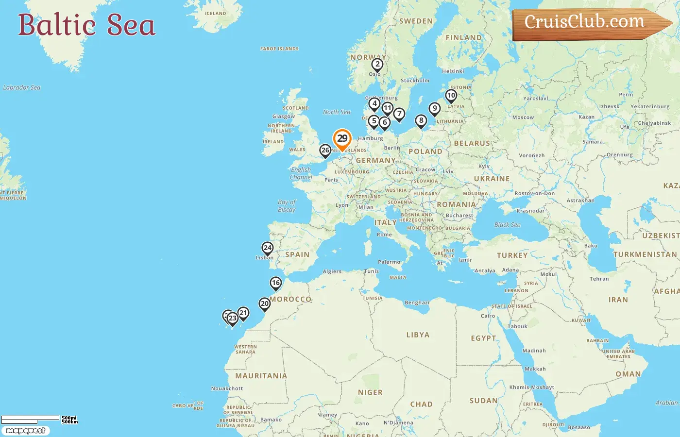 Cruise in the Baltic Sea from Rotterdam aboard Nieuw Statendam ship with visits to Norway, Denmark, Germany, Poland, Lithuania, Latvia, Morocco, and Spain for 29 days