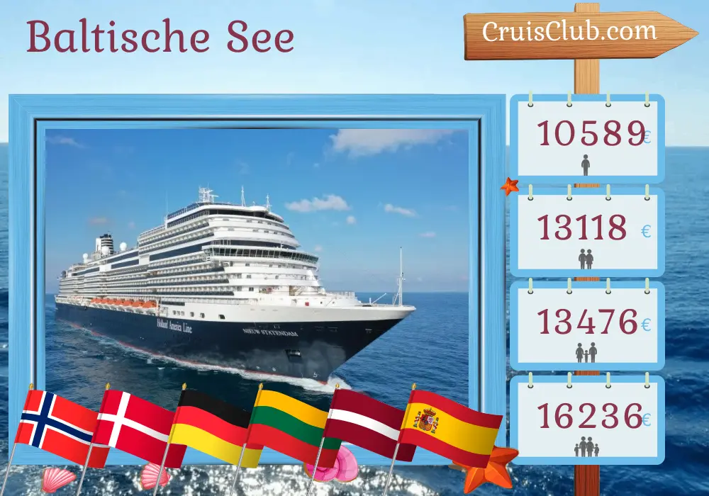 Kreuzfahrt in der Ostsee ab Rotterdam an Bord des Schiffes Nieuw Statendam mit Stopps in Norwegen, Dänemark, Deutschland, Polen, Litauen, Lettland, Marokko und Spanien für 29 Tage