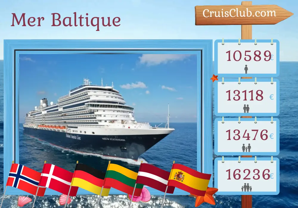 Croisière en mer Baltique depuis Rotterdam à bord du navire Nieuw Statendam avec des visites en Norvège, au Danemark, en Allemagne, en Pologne, en Lituanie, en Lettonie, au Maroc et en Espagne pendant 29 jours