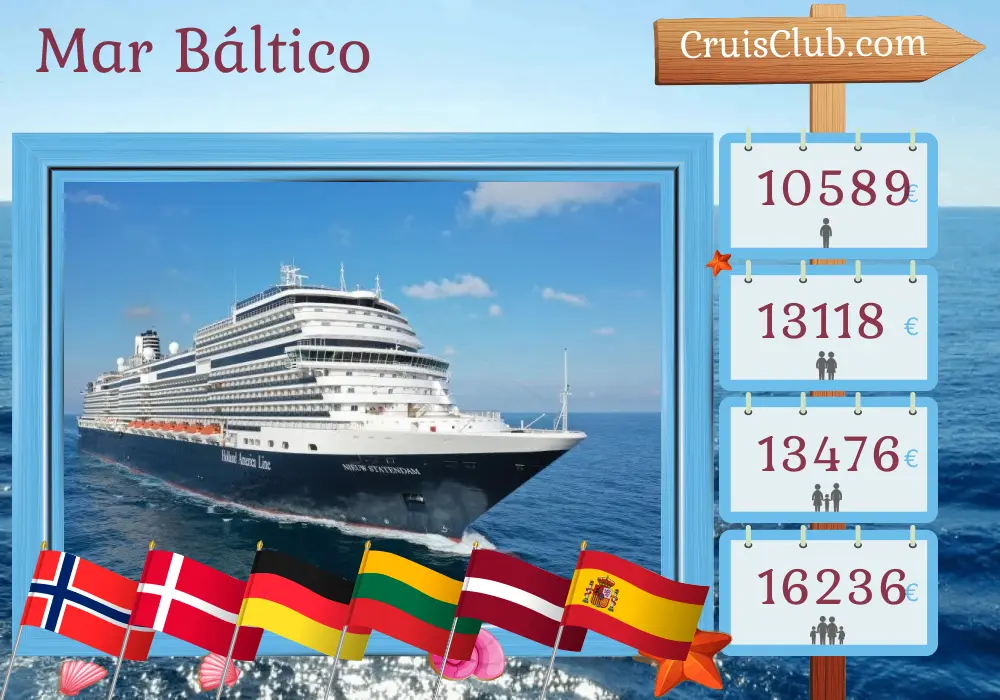 Crucero por el Mar Báltico desde Róterdam a bordo del barco Nieuw Statendam con visitas a Noruega, Dinamarca, Alemania, Polonia, Lituania, Letonia, Marruecos y España durante 29 días