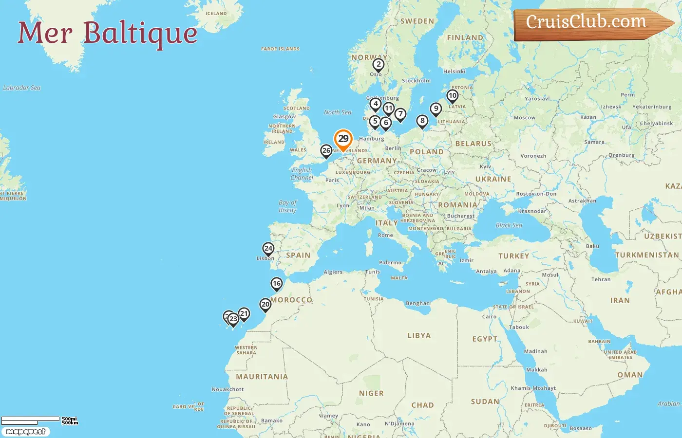 Croisière en mer Baltique depuis Rotterdam à bord du navire Nieuw Statendam avec des visites en Norvège, au Danemark, en Allemagne, en Pologne, en Lituanie, en Lettonie, au Maroc et en Espagne pendant 29 jours
