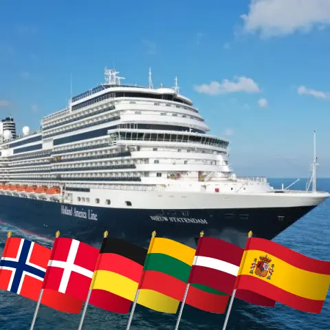 Cruise in the Baltic Sea from Rotterdam aboard Nieuw Statendam ship with visits to Norway, Denmark, Germany, Poland, Lithuania, Latvia, Morocco, and Spain for 29 days