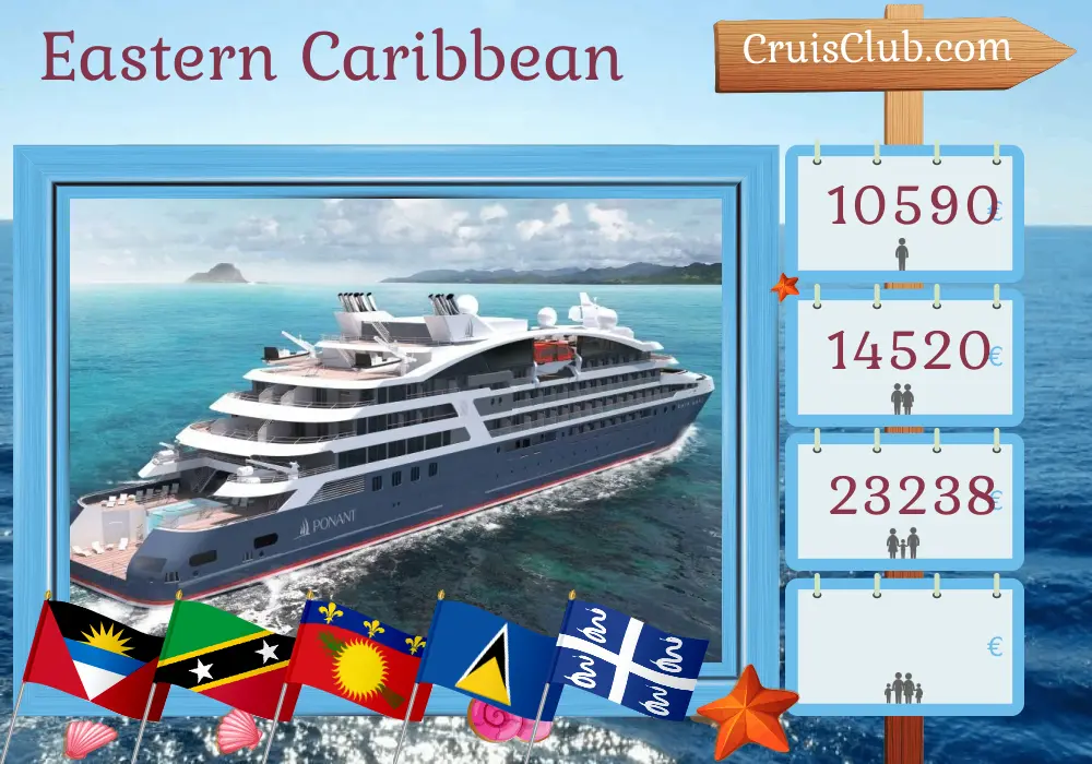 Cruise in the Eastern Caribbean from Fort-de-France aboard Le Lapérouse ship with visits to Saint Kitts and Nevis, British Virgin Islands, Saint Barthélemy, Guadeloupe, Saint Lucia, Saint Vincent and the Grenadines, and Martinique for 13 days