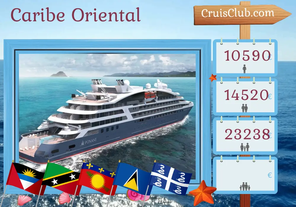 Crucero por el Caribe Oriental desde Fort-de-France a bordo del barco Le Lapérouse con visitas a Saint Kitts y Nevis, Islas Vírgenes Británicas, San Bartolomé, Guadalupe, Santa Lucía, San Vicente y las Granadinas, y Martinica durante 13 días