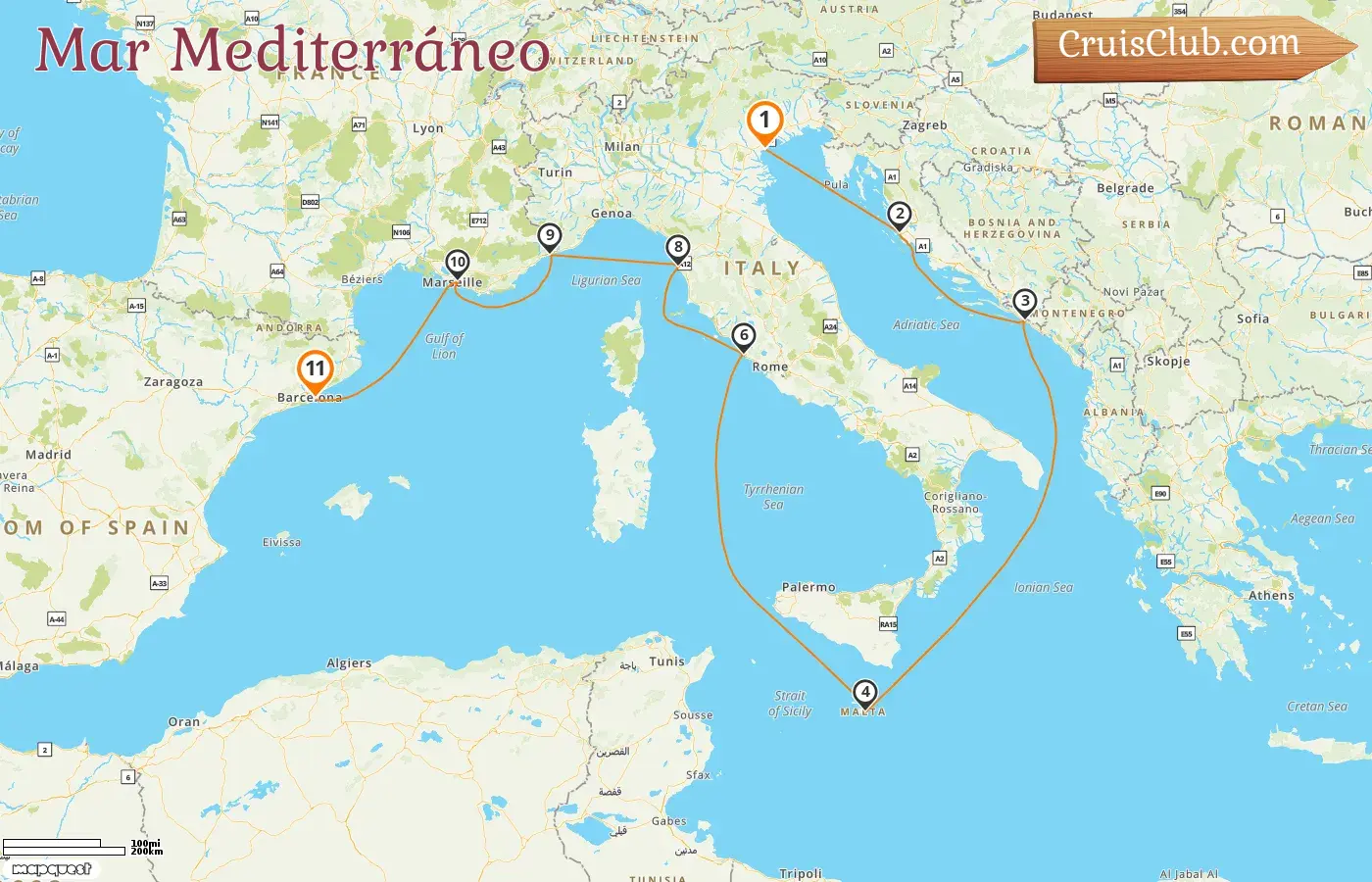 Crucero por el Mediterráneo de Fusina a Barcelona a bordo del barco EXPLORA II con visitas a Italia, Croacia, Malta, Mónaco, Francia y España durante 11 días