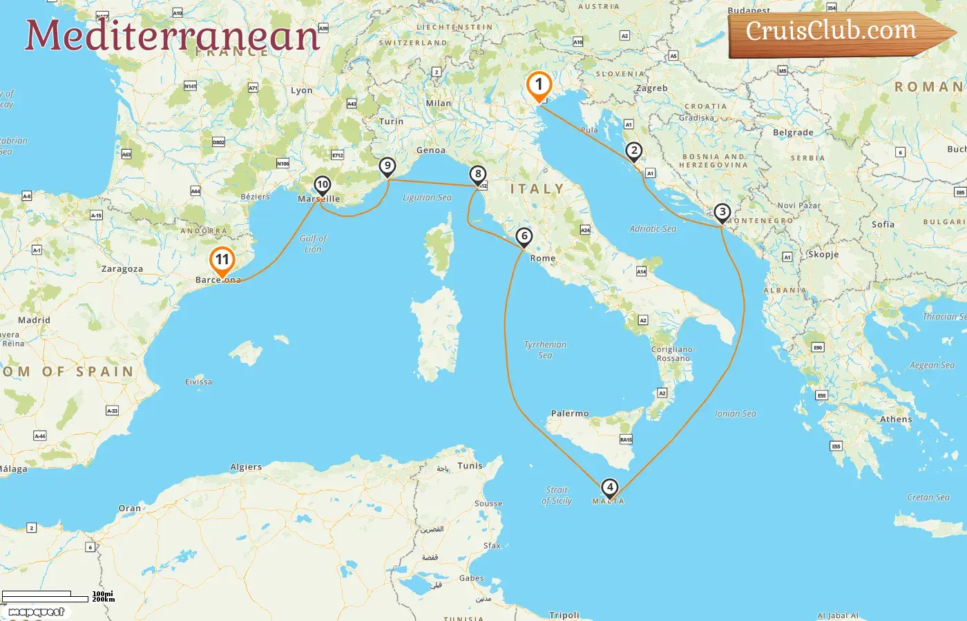 Cruise in the Mediterranean from Fusina to Barcelona aboard EXPLORA II ship with visits to Italy, Croatia, Malta, Monaco, France, and Spain for 11 days