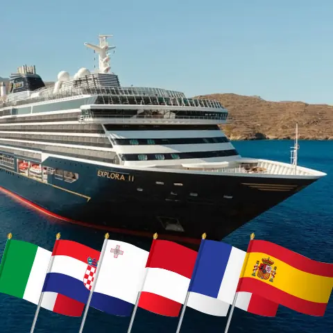 Cruise in the Mediterranean from Fusina to Barcelona aboard EXPLORA II ship with visits to Italy, Croatia, Malta, Monaco, France, and Spain for 11 days