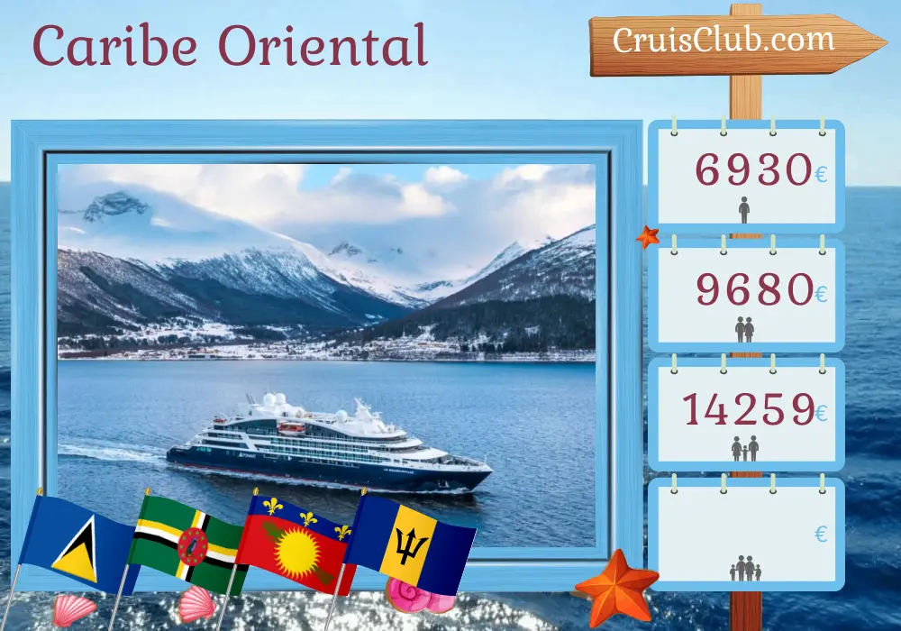 Crucero en el Caribe Oriental desde Santa Lucía a bordo del barco Le Bougainville con visitas a Santa Lucía, Dominica, Guadalupe, San Vicente y las Granadinas, y Barbados durante 8 días