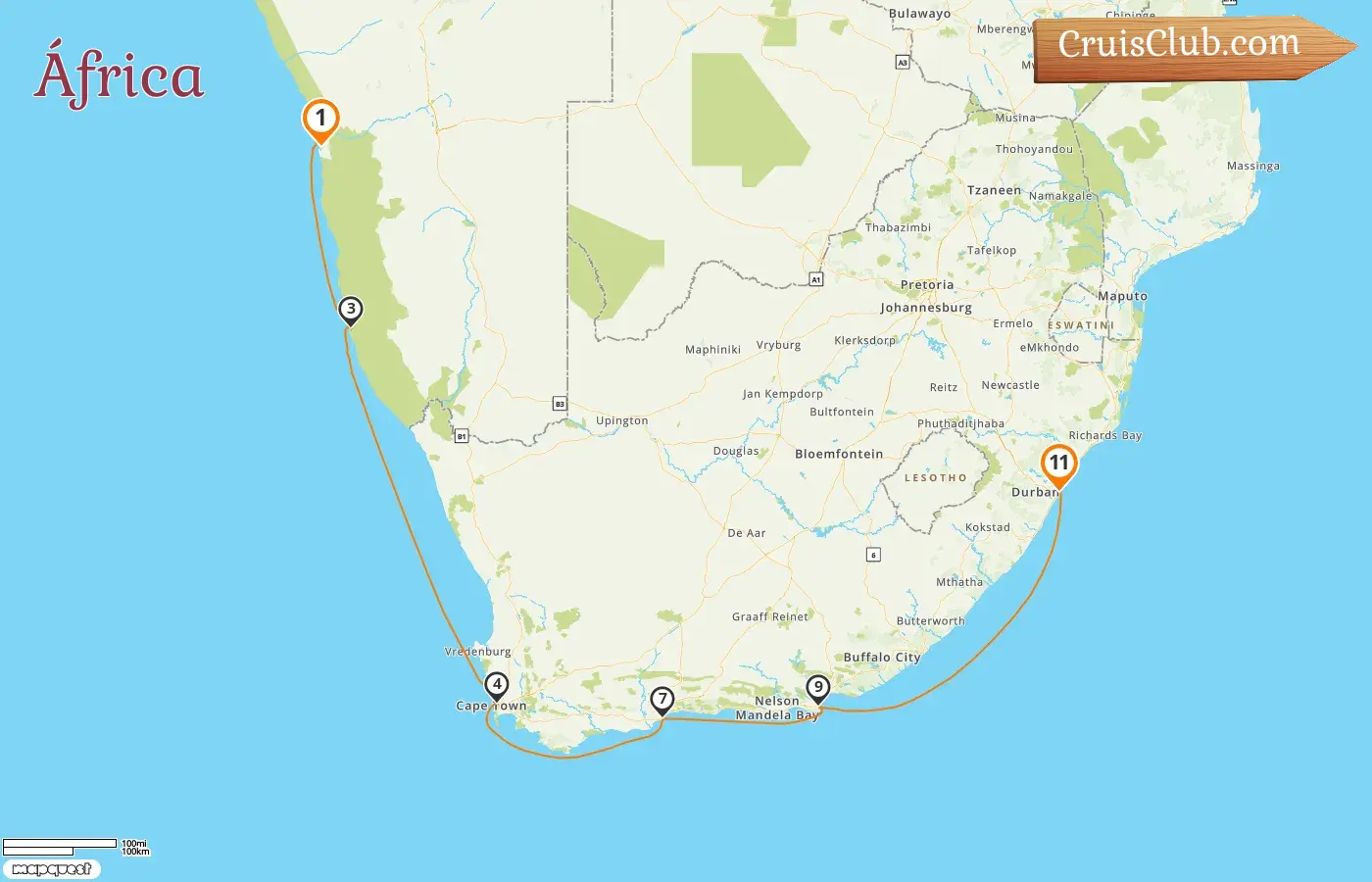 Cruzeiro na África de Walvis Bay a Durban a bordo do navio Le Dumont d`Urville com visitas à Namíbia e à África do Sul por 11 dias