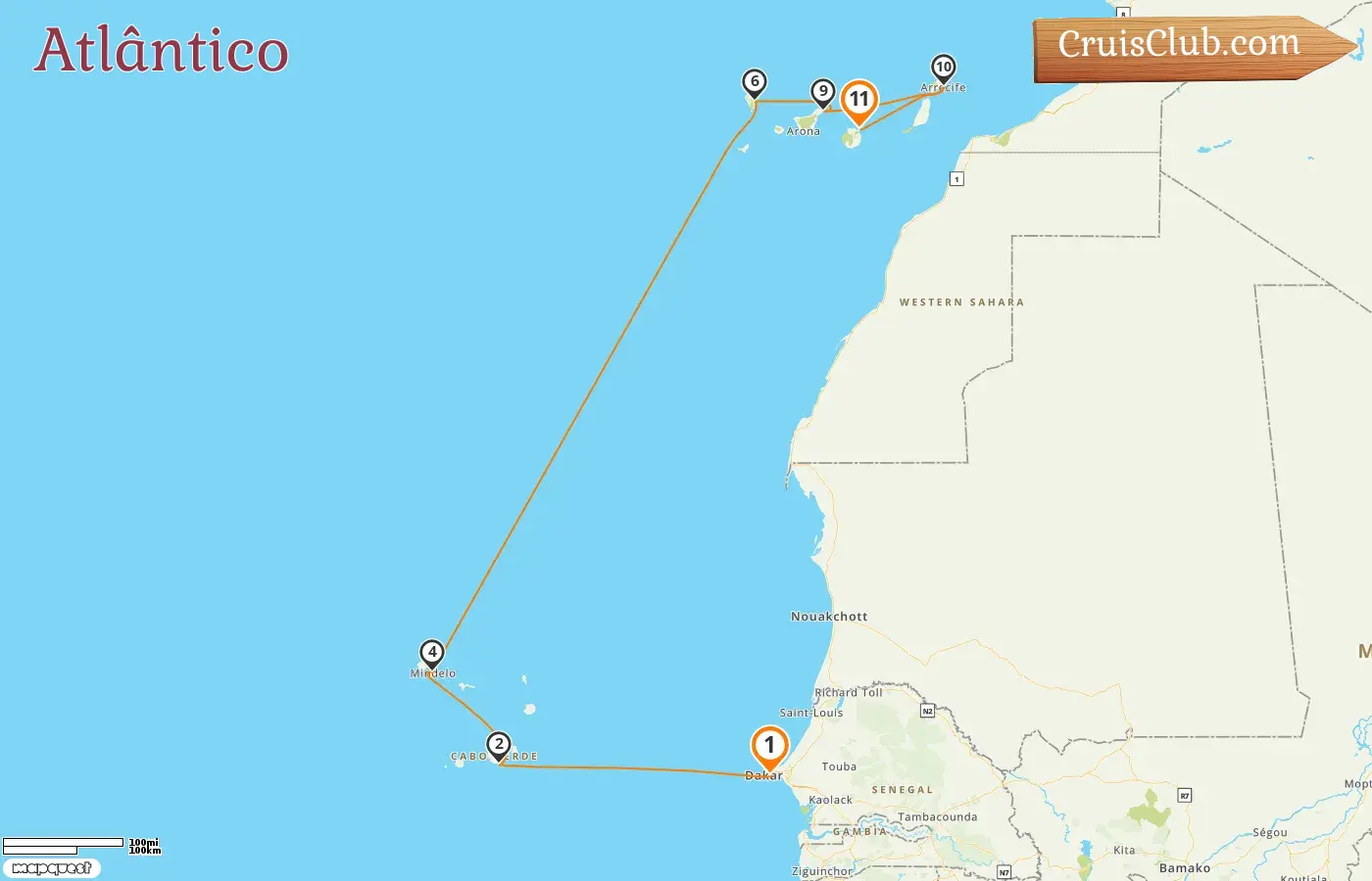 Cruzeiro no Atlântico de Dakar a Las Palmas a bordo do navio Le Champlain com visitas a Senegal e Espanha por 11 dias