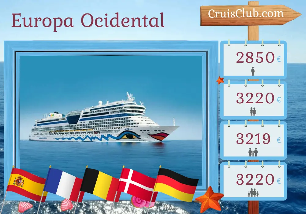 Cruzeiro no Oeste da Europa de Las Palmas a Warnemünde a bordo do navio AIDAmar com visitas à Espanha, França, Bélgica, Dinamarca e Alemanha por 14 dias
