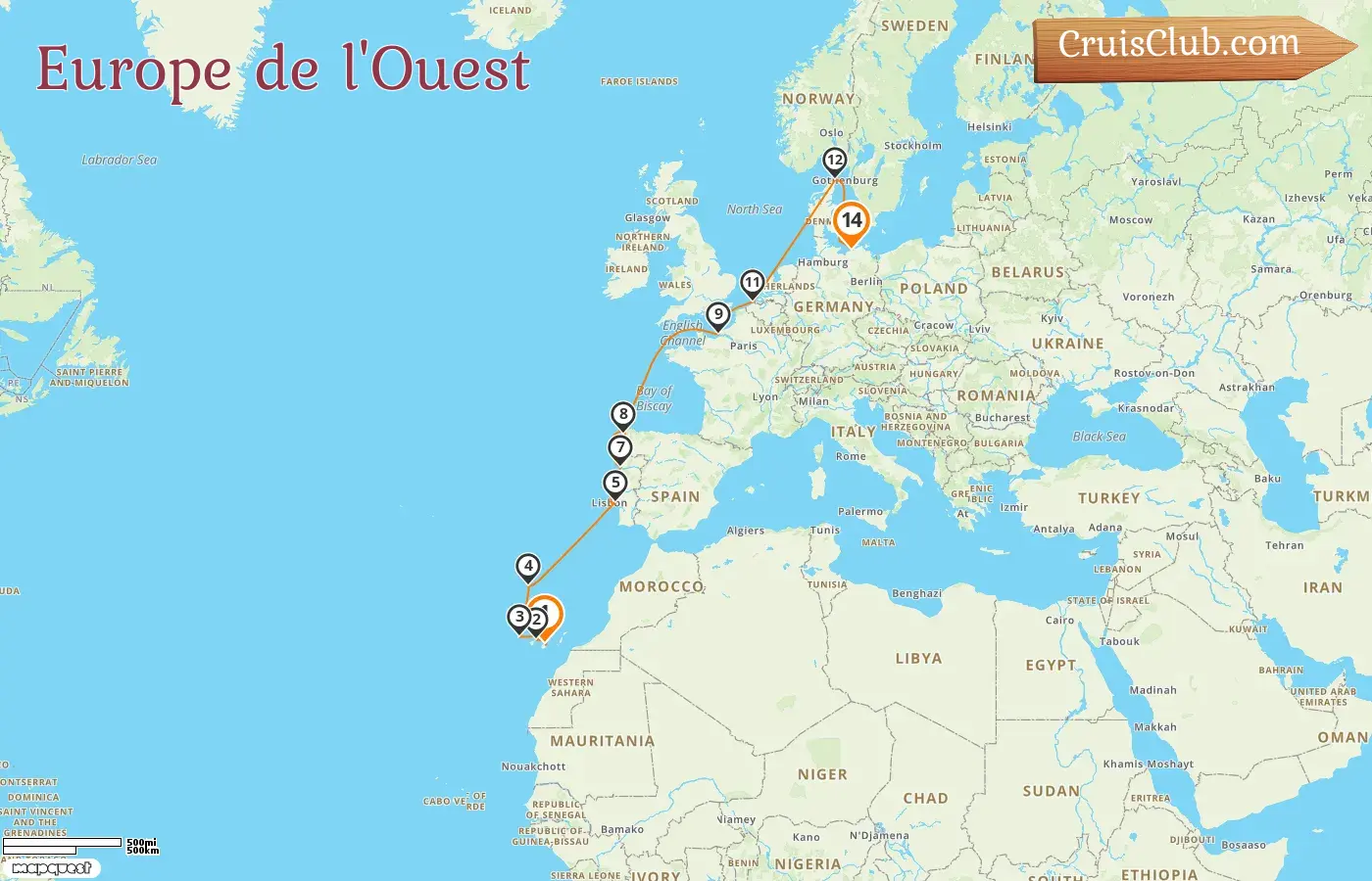 Croisière en Europe de l`Ouest de Las Palmas à Warnemünde à bord du navire AIDAmar avec des visites en Espagne, en France, en Belgique, au Danemark et en Allemagne pendant 14 jours
