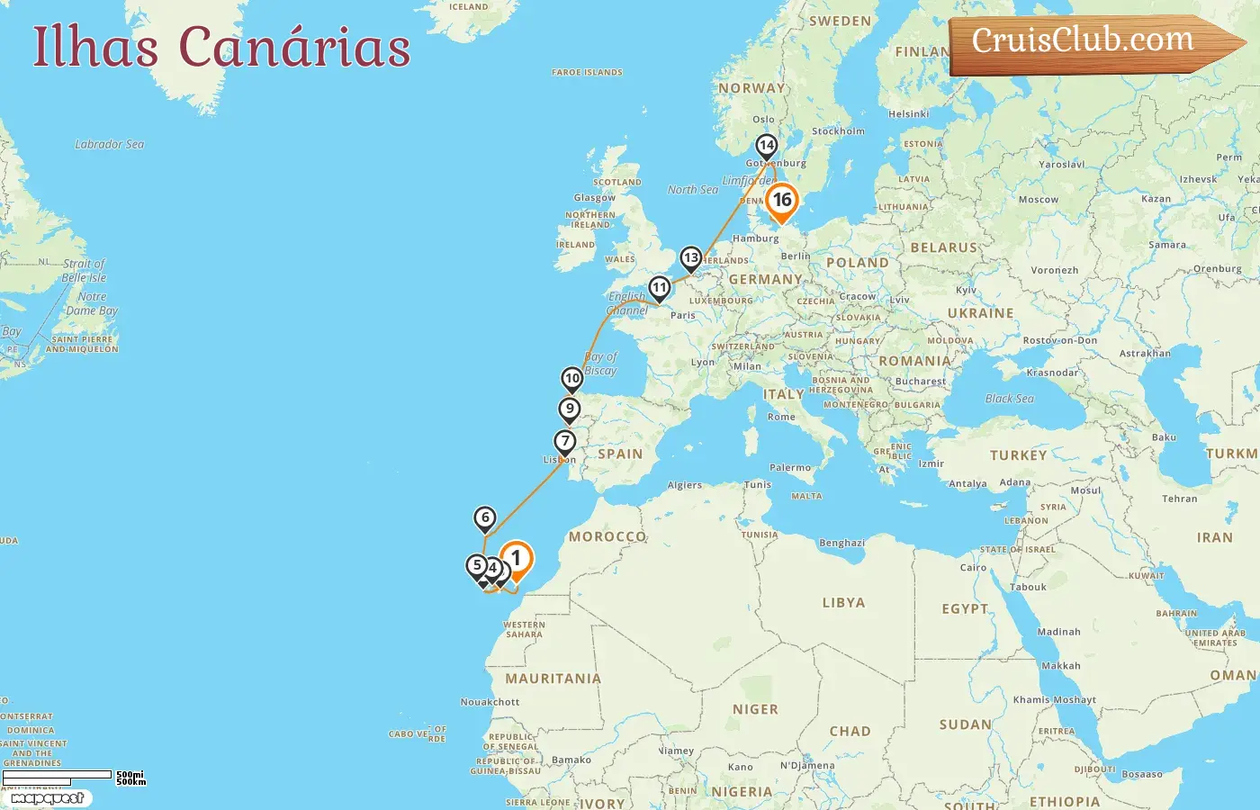 Cruzeiro nas Ilhas Canárias de Puerto del Rosario a Warnemünde a bordo do navio AIDAmar com visitas à Espanha, França, Bélgica, Dinamarca e Alemanha por 16 dias