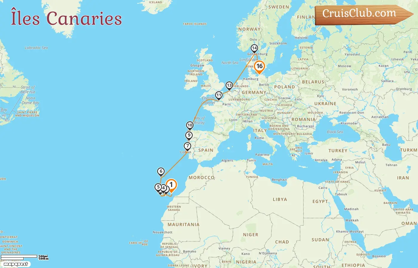 Croisière dans les îles Canaries de Puerto del Rosario à Warnemünde à bord du navire AIDAmar avec des visites en Espagne, en France, en Belgique, au Danemark et en Allemagne pendant 16 jours