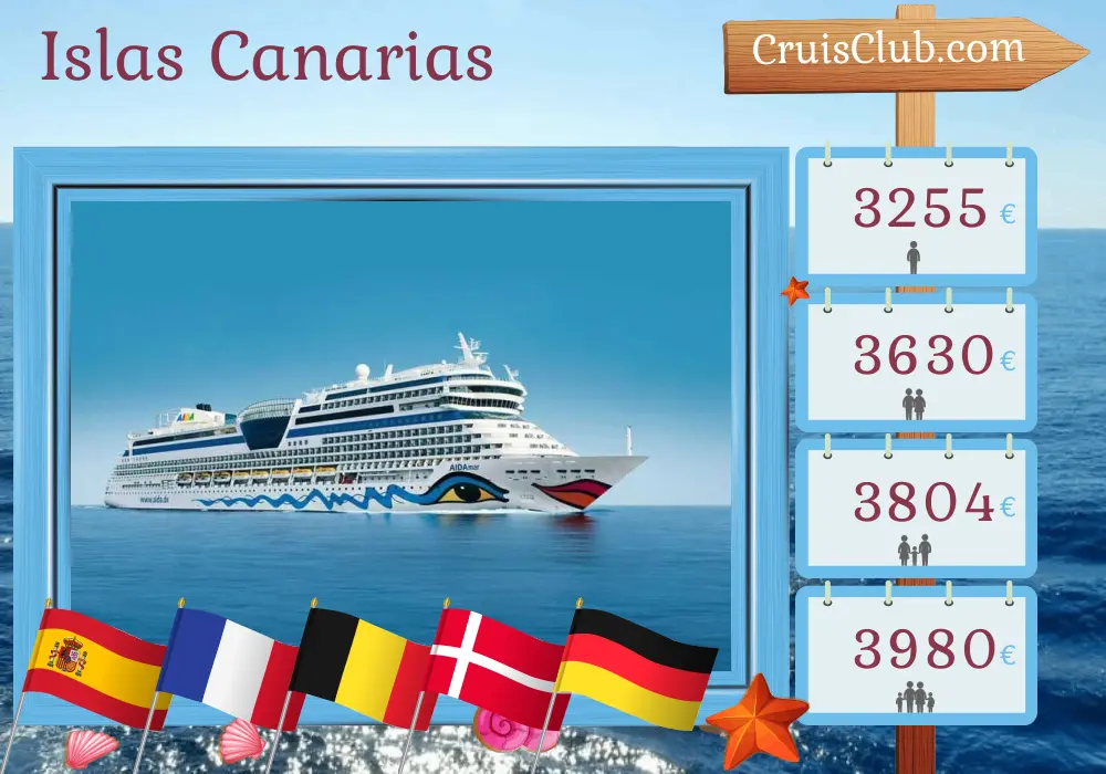 Crucero en las Islas Canarias desde Puerto del Rosario a Warnemünde a bordo del buque AIDAmar con visitas a España, Francia, Bélgica, Dinamarca y Alemania durante 16 días