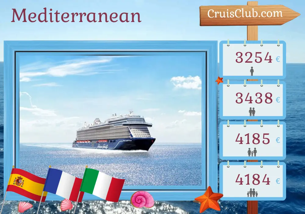 Cruise in the Mediterranean from Palma aboard Mein Schiff Flow ship with visits to Spain, France, and Italy for 11 days