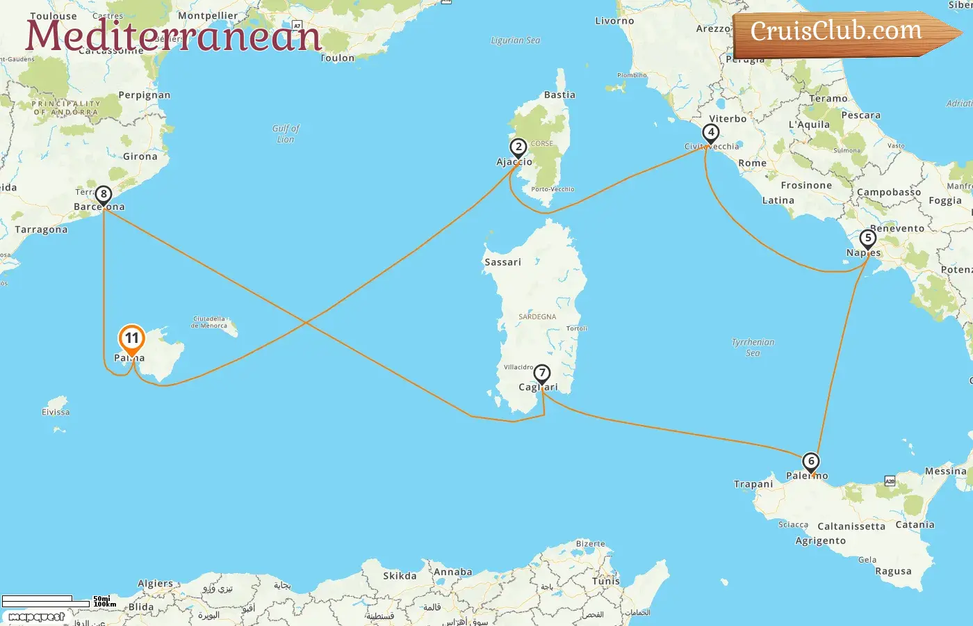 Cruise in the Mediterranean from Palma aboard Mein Schiff Flow ship with visits to Spain, France, and Italy for 11 days