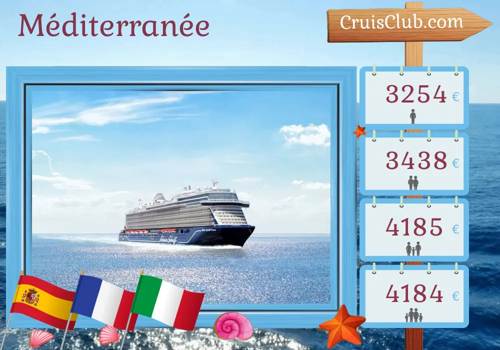 Croisière en Méditerranée au départ de Palma à bord du navire Mein Schiff Flow avec des escales en Espagne, en France et en Italie pendant 11 jours
