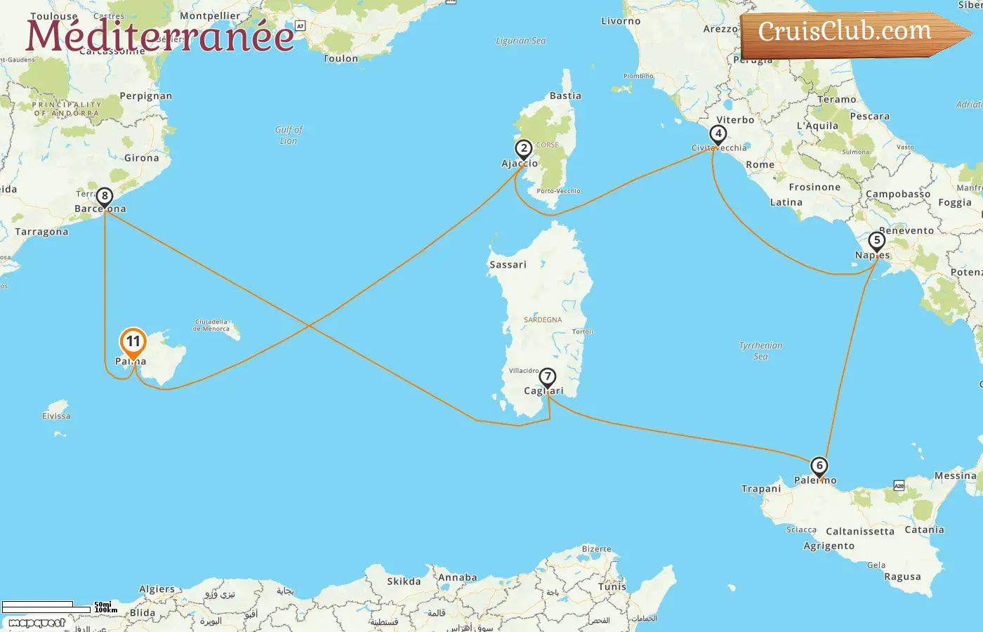 Croisière en Méditerranée au départ de Palma à bord du navire Mein Schiff Flow avec des escales en Espagne, en France et en Italie pendant 11 jours